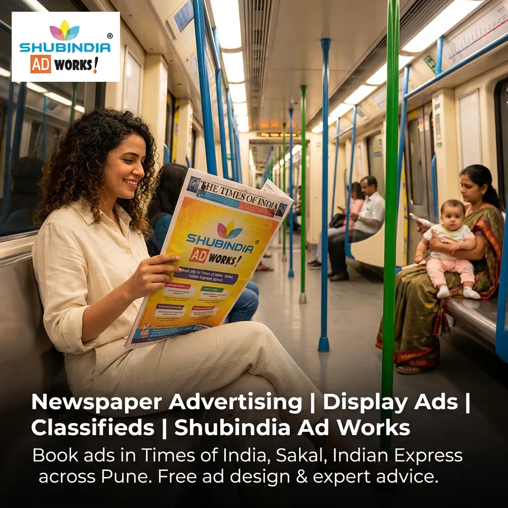 Woman reading newspaper with Shubindia Ad Works ad on Pune Metro